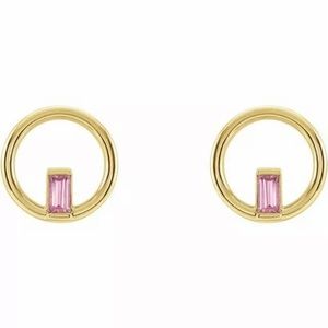 Pink Tourmaline Gold Circle Earrings 14K NEW